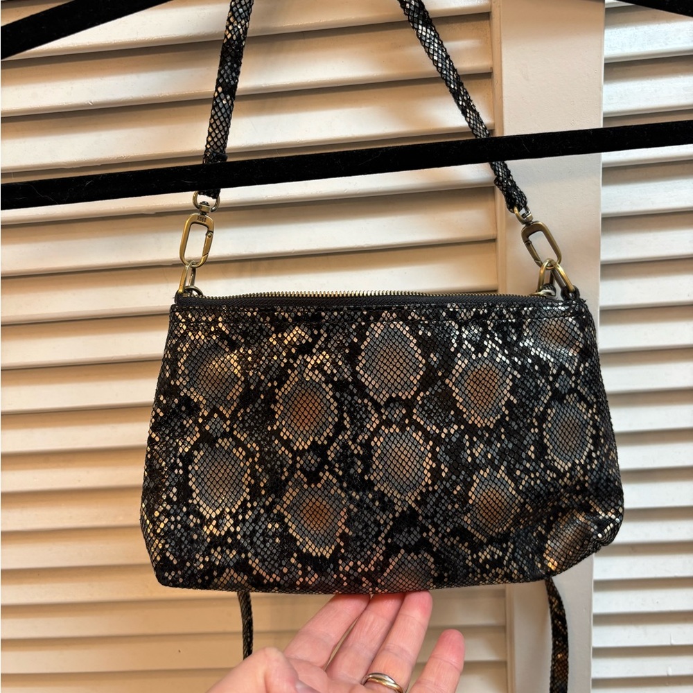 HOBO clutch/shoulder/crossbody small bag. Elegant Black and Gold Snake Print